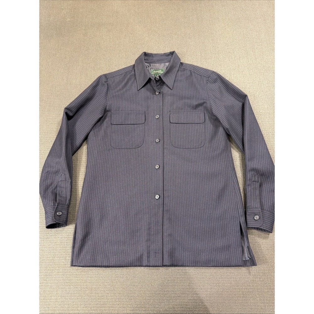 Lauren Ralph Lauren 100% Wool Shirt Jacket Button Lined Pinstripe Blue Women 10